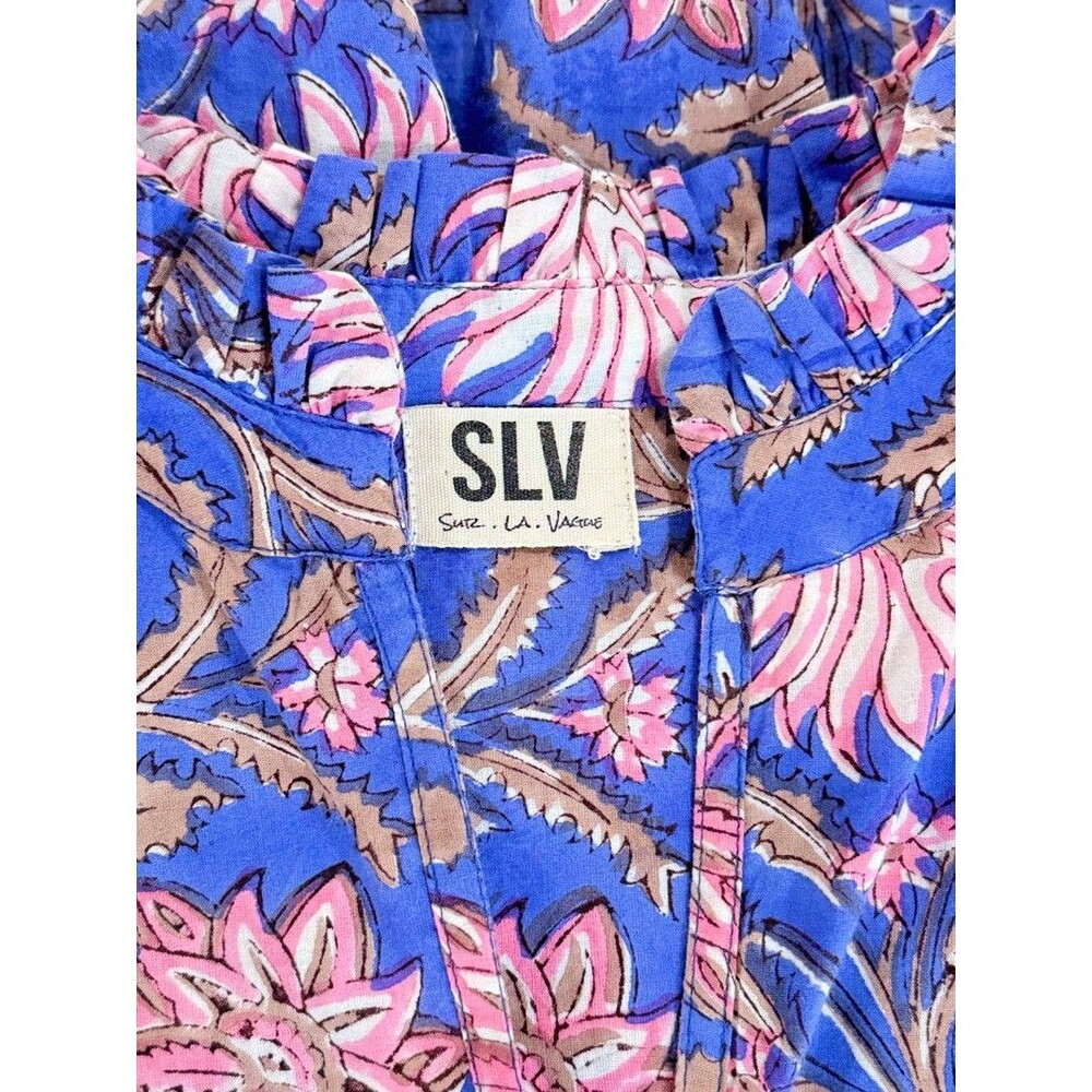 Sur La Vague Mini Dress Purple Blouse Mini Floral V Neck Puff Sleeve Boho M/L - Picture 4 of 11